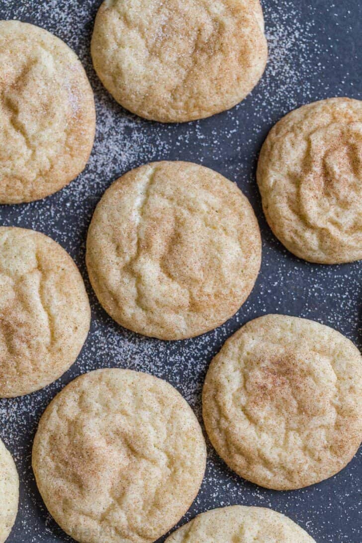 Snickerdoodle cookies on a cookie tray