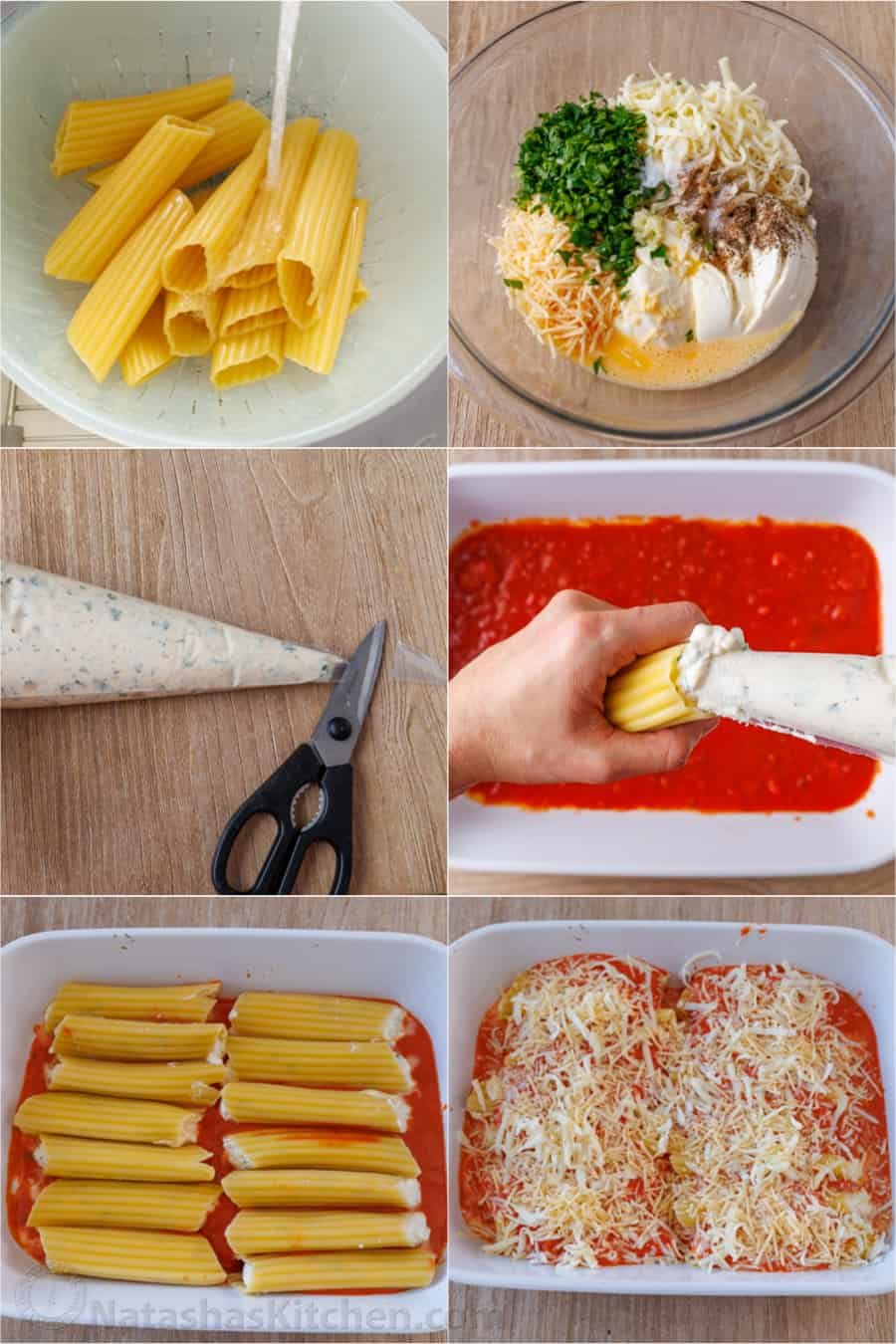 Our Stuffed Manicotti recipe has three delicious cheeses stuffed into perfectly cooked pasta, smothered in marinara sauce and baked perfectly. Step by step directions for stuffed pasta bake