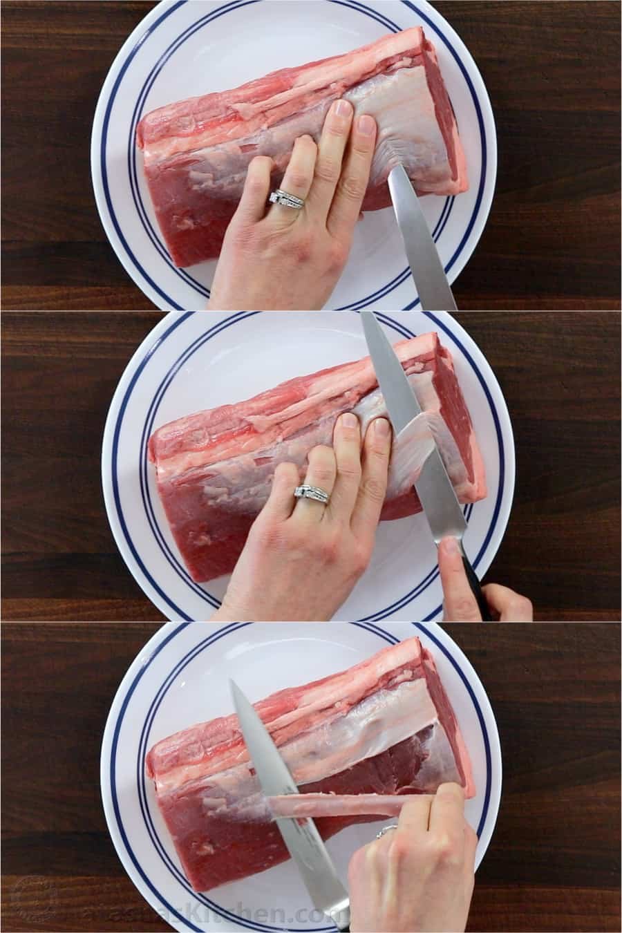 Roasted Beef Tenderloin is a showstopper! This tried and true easy method produces melt-in-your-mouth tender beef. How to trim, tie and cook beef tenderloin. #beeftenderloin #beeftenderloinrecipe #roastedbeeftenderloin #beef #steak #valentinesdaydinner #valentinesdayrecipes #natashaskitchen #dinner #tenderloin Step by step tutorial for how to trim beef tenderloin with a knife