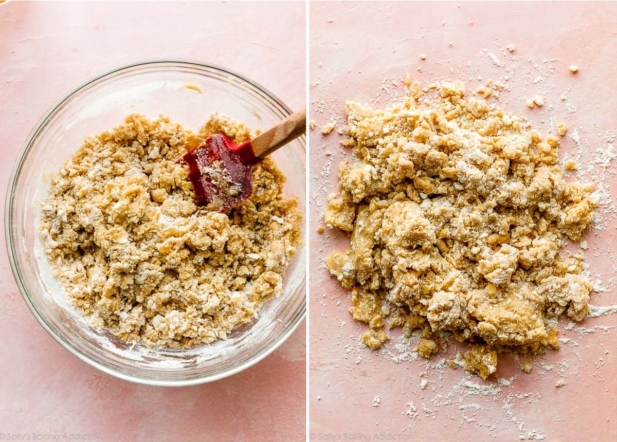 crumbly dough in glass bowl and on pink work surface