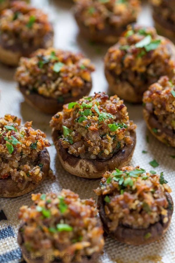 Sausage Stuffed Mushrooms are crunchy on top with a creamy and juicy center. They are loaded with flavor and really stand out as a holiday party appetizer. | natashaskitchen.com