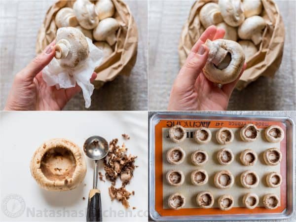 Four photos of mushrooms with the stems being removed 