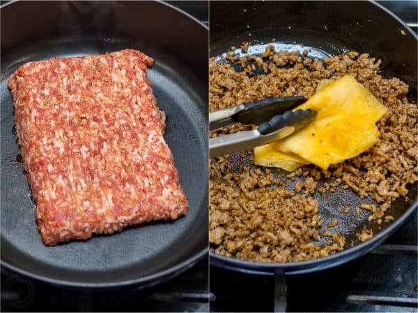 Two photos with meat being fried
