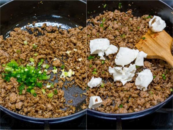 Two photos with sausage stuffing for mushrooms being cooked