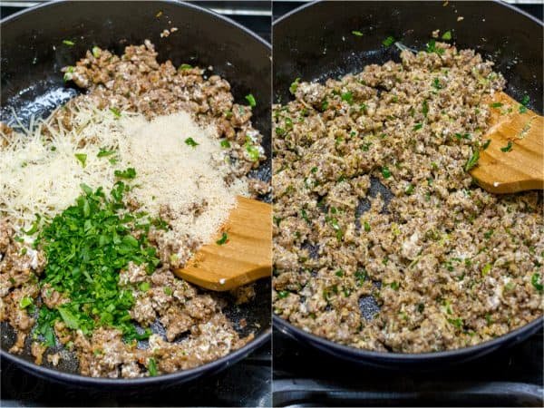 Two photos with sausage stuffing for mushrooms being cooked