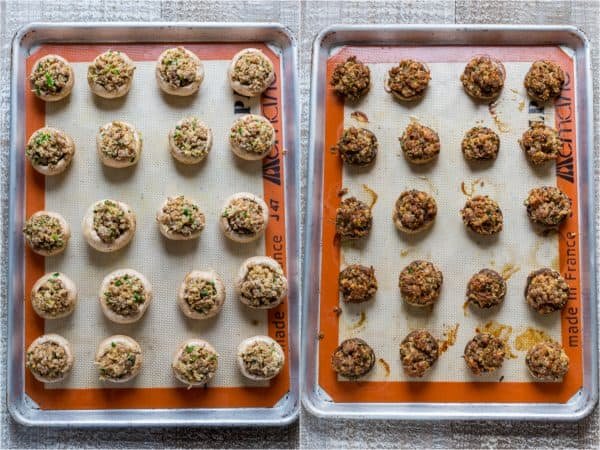 Two photos of Sausage Stuffed Mushrooms on a baking pan 