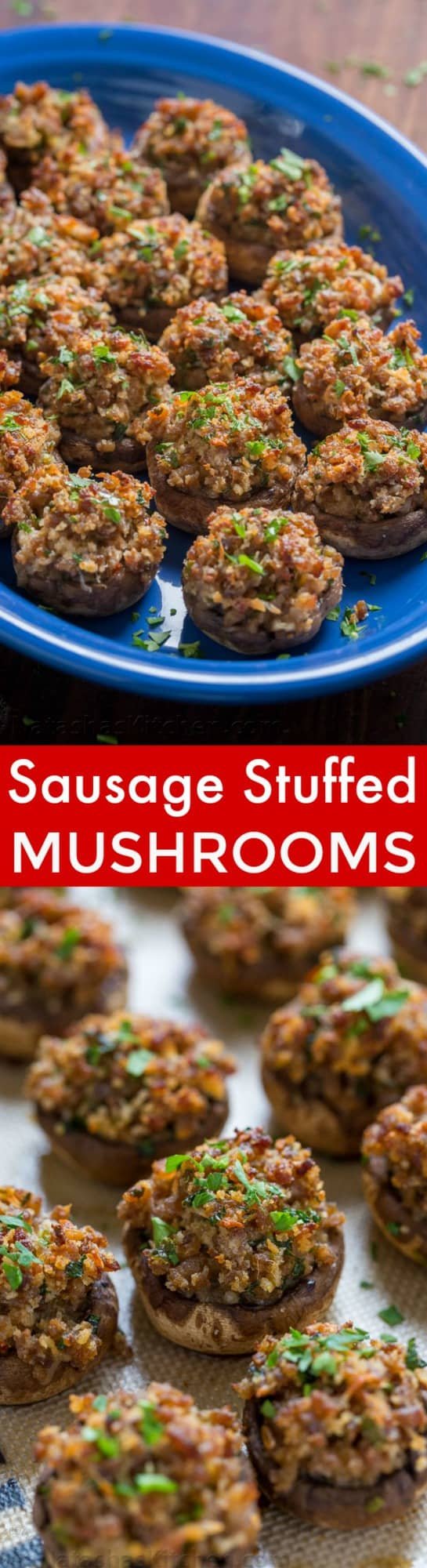 Sausage Stuffed Mushrooms are crunchy on top with a creamy and juicy center. They are loaded with flavor and really stand out as a holiday party appetizer. | natashaskitchen.com