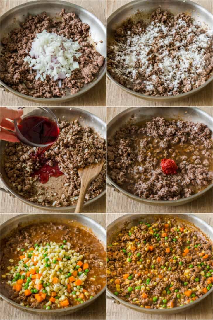 A homey and comforting Shepherd's Pie recipe with a meat and vegetable gravy sauce under a crown of creamy parmesan mashed potatoes. Step by step how to make meat and vegetable gravy for shepherd's pie