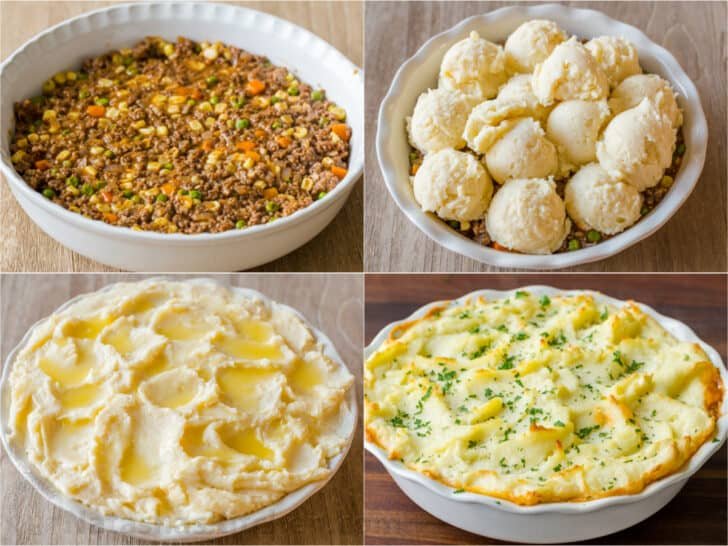 A homey and comforting Shepherd's Pie recipe with a meat and vegetable gravy sauce under a crown of creamy parmesan mashed potatoes. How to assemble Shepherd's Pie with mashed potatoes and bake