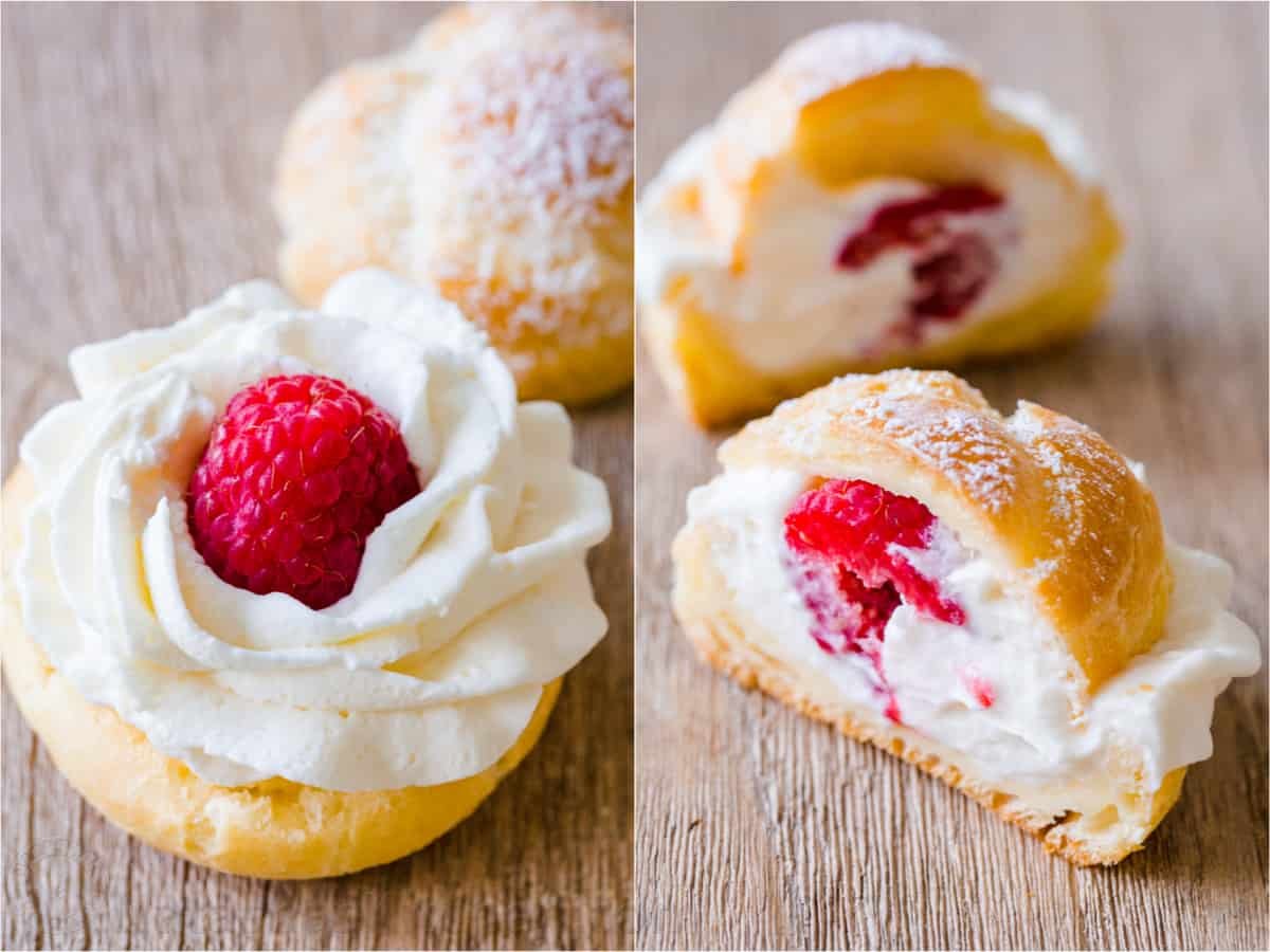 Cream Puffs are a classic French dessert filled with sweet cream and dusted with powdered sugar. Learn how to make easy bakery quality cream puffs. #creampuffs #creampuffrecipe #chouxpastry #chouxpaste #dessert #pastry #Frenchpastry #French #natashaskitchen Choux Pastry shells filled with cream and raspberries