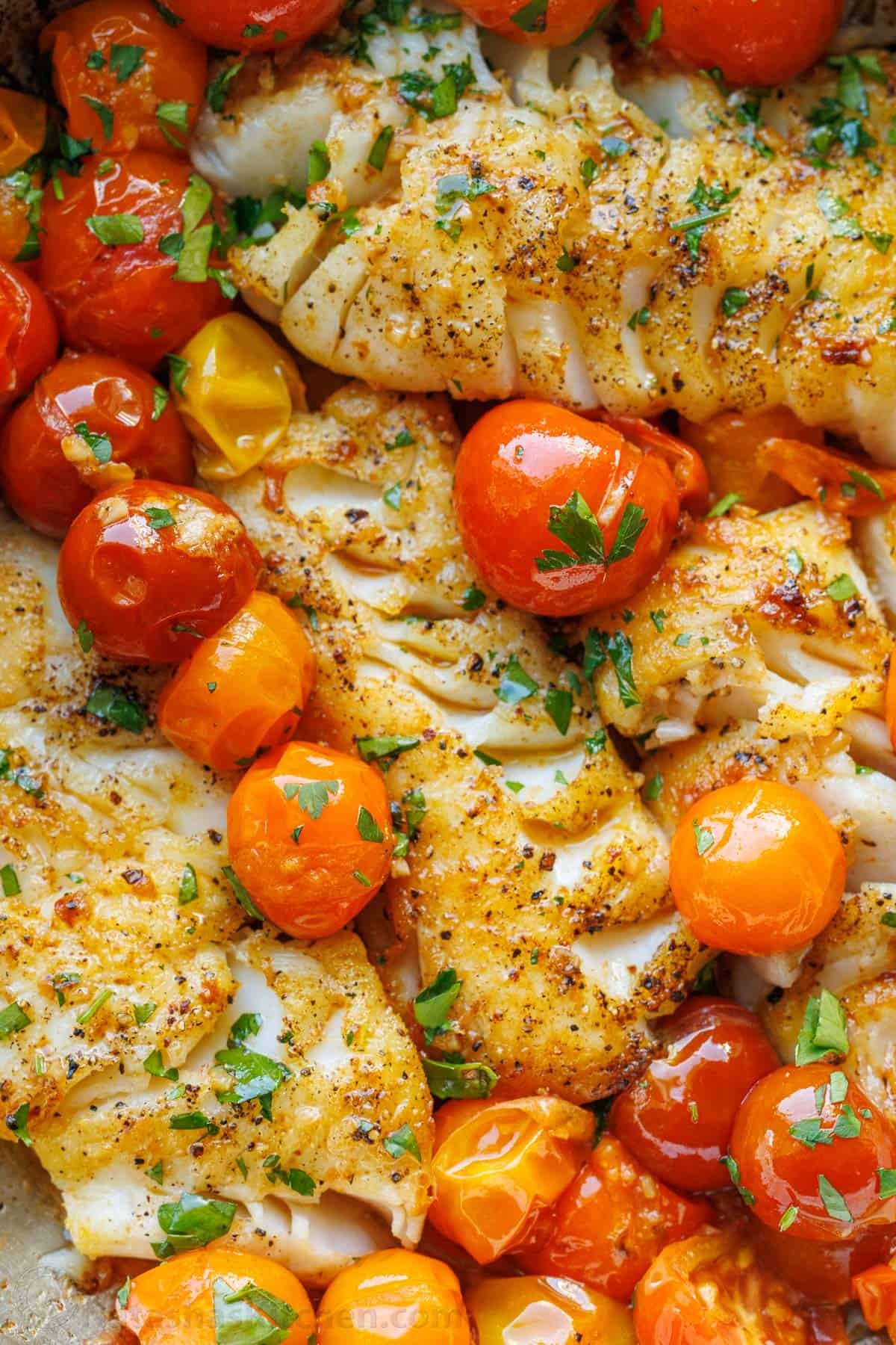 My easy Pan Seared Cod recipe is flaky and juicy with an incredible tomato, butter, garlic sauce. It cooks in under 15 minutes in 1 skillet! seasoned white fish filets pan-seared with cherry tomatoes and basil garnish