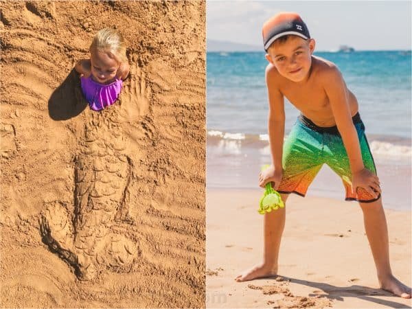 Two photos one of a girl buried in sand and one of a boy standing on the beach
