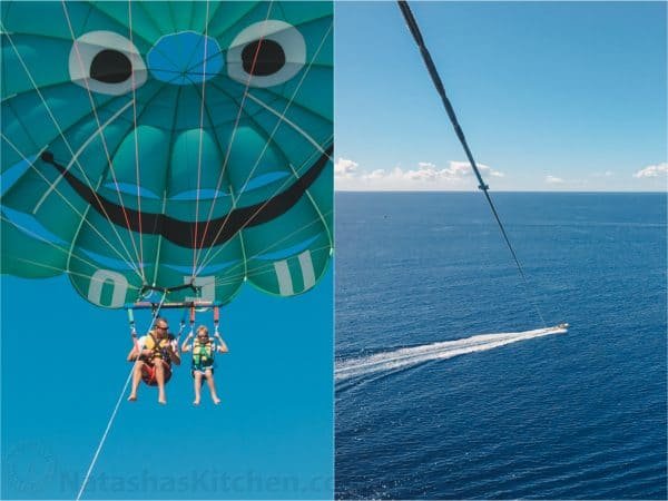 Two photos one of people parasailing and one of a bird\'s eye view of a boat