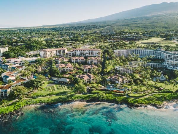A bird\'s eye view of hotels on a lush green mountainside near the water 