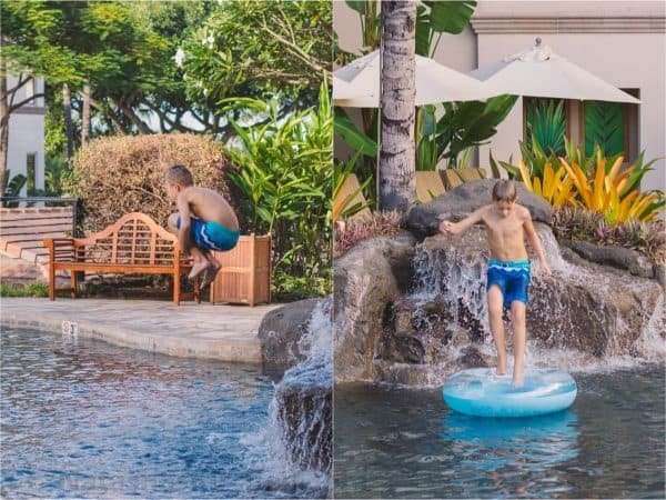 Two photos of a young boy jumping into a pool 