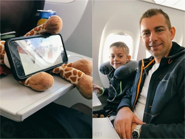 Two photos one of son and father in an airplane and one of a stuffed giraffe and phone