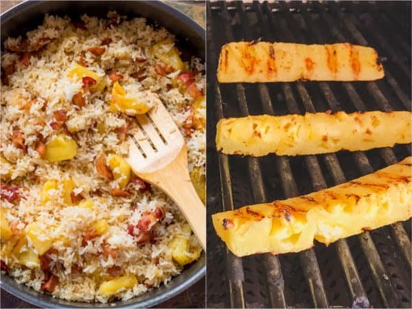Two photos one of pineapple on a grill and one of rice with pineapple