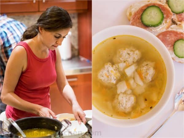 Two photos one of Natasha in the kitchen and one of a bowl of soup 