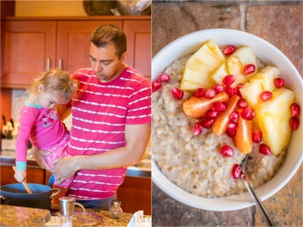 Two photos one of a father holding his daughter and one of oatmeal with fruit