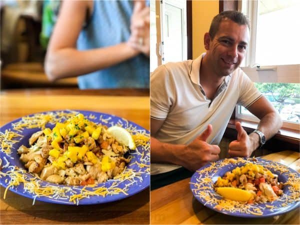 Two photos one of a plate of food and one of a man with his thumbs up