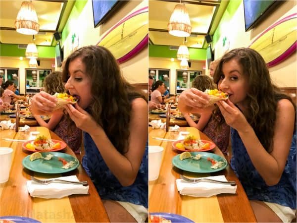 Two photos of Natasha eating a taco