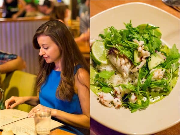 Two photos on of Natasha at a table and one of a plate of food 