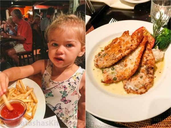 Two photos one of a girl eating fries and one of a plate of food