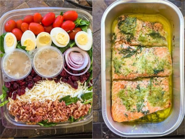 Two photos one of a salad and one of salmon fillets 