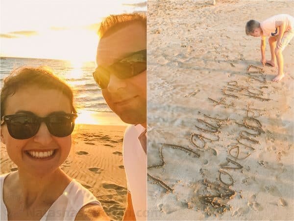 Two photos a selfie of Natasha and her husband and a boy writing in the sand