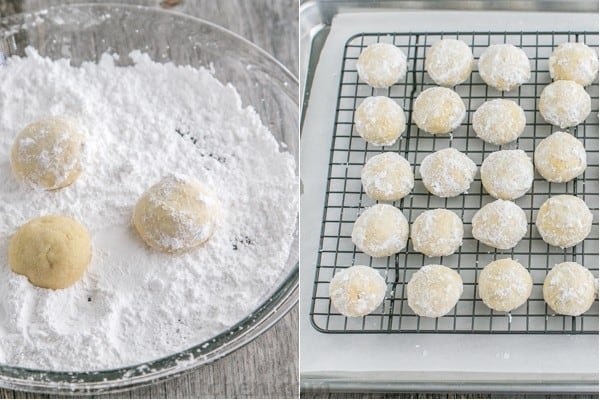 These almond snowball cookies just melt in your mouth. Perfect Christmas cookies since they look like darling little snowballs. Rolling snowball cookies in powdered sugar