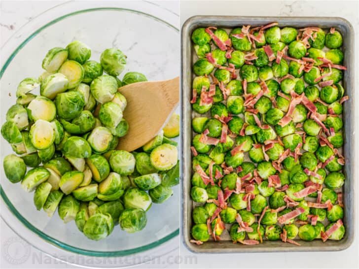 Roasted Brussels Sprouts are tender and caramelized with crisp edges. Baked Brussels sprouts are an easy, excellent side dish with just 5 ingredients. #brusselssprouts #roastedbrusselssprouts #brusselssproutsrecipe #sidedish #natashaskitchen #brusselsprouts Roasting Brussels sprouts on a baking sheet with bacon