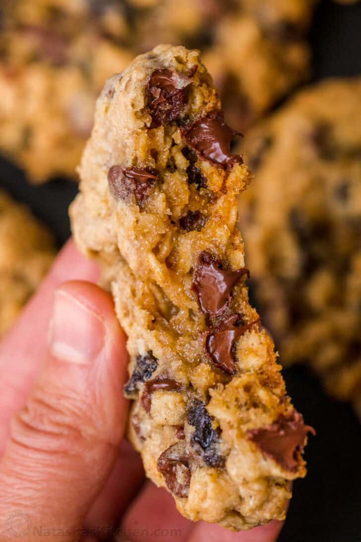 Soft center of an oatmeal cookie with chocolate chips