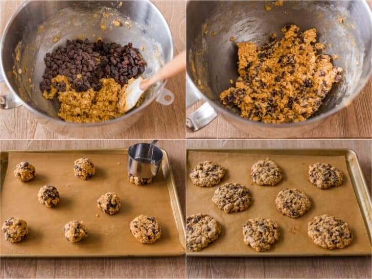 Forming cookie dough for oatmeal raisin cookies