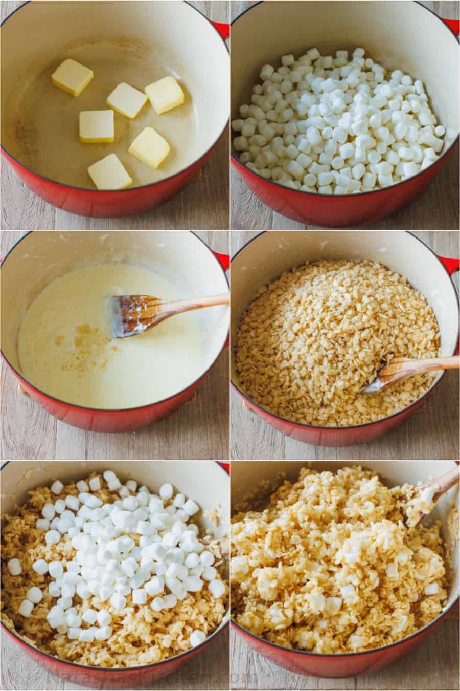 Make thick and gooey Rice Krispie Treats filled with sweet and sticky marshmallows and crispy rice crunch. A family-favorite no-bake dessert! Photo collage showing how to make Rice Krispie treats.