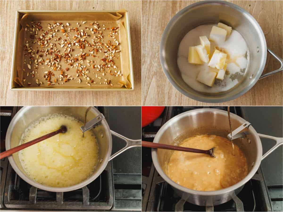 Our toffee recipe is buttery and crunchy with delicious layers of candy, chocolate and almonds. It's easy to make with only 5 ingredients. how to make English toffee step-by-step tutorial