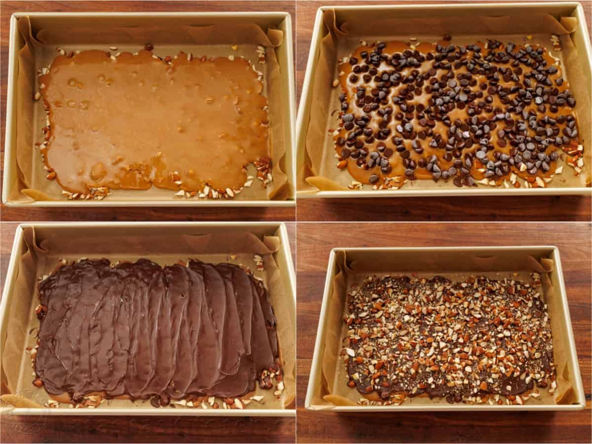 Our toffee recipe is buttery and crunchy with delicious layers of candy, chocolate and almonds. It's easy to make with only 5 ingredients. Layered buttercrunch candy step-by-step tutorial