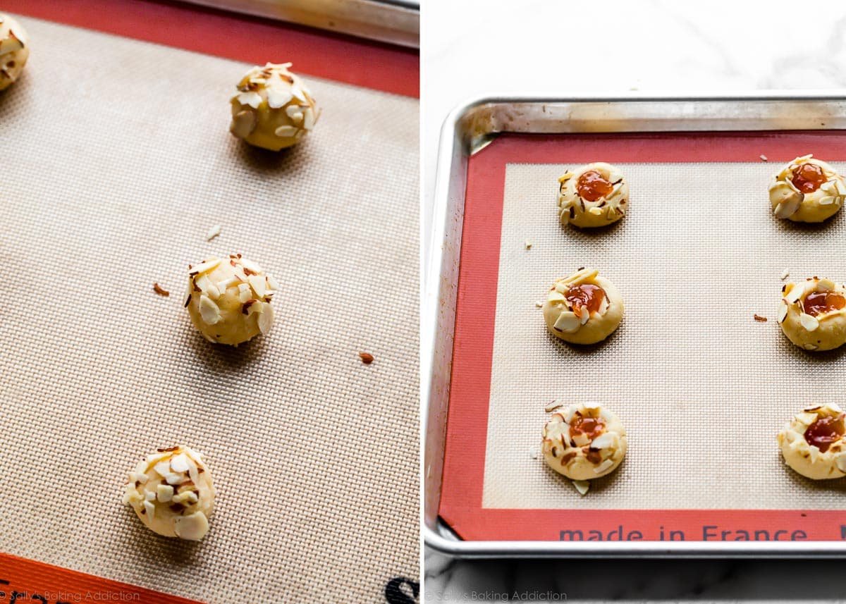 cream cheese cookie dough balls shaped with apricot jam in center
