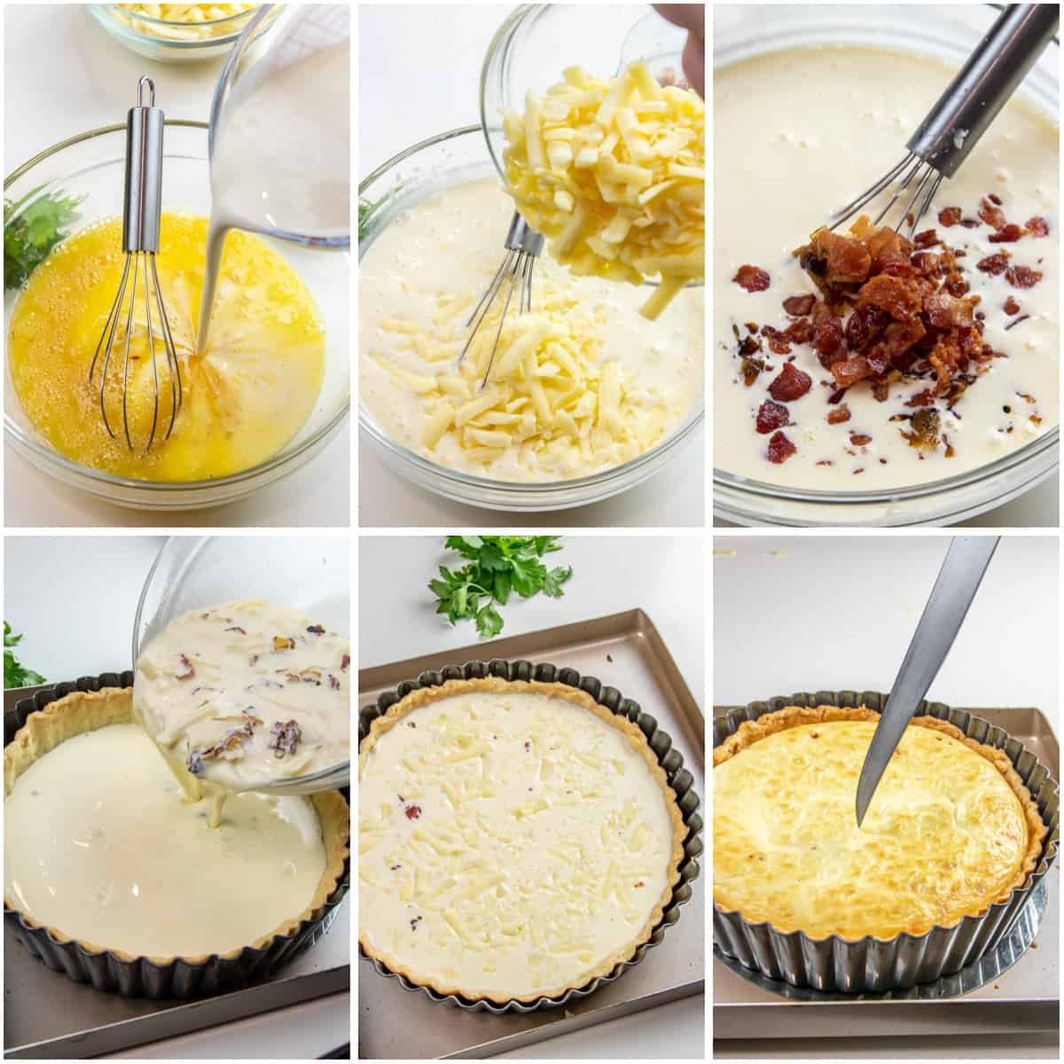Classic Quiche recipe with a savory egg custard, bacon, and cheese filling in flaky pie crust. Quiche Lorraine is the gold standard of quiche recipes! Perfect breakfast and brunch food. #quiche #quicherecipe #quichelorraine #howtomakequiche #piecrust #savorypie #natashaskitchen Step by step photos to making the quiche filling.