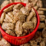 Candied Pecans in red bowl