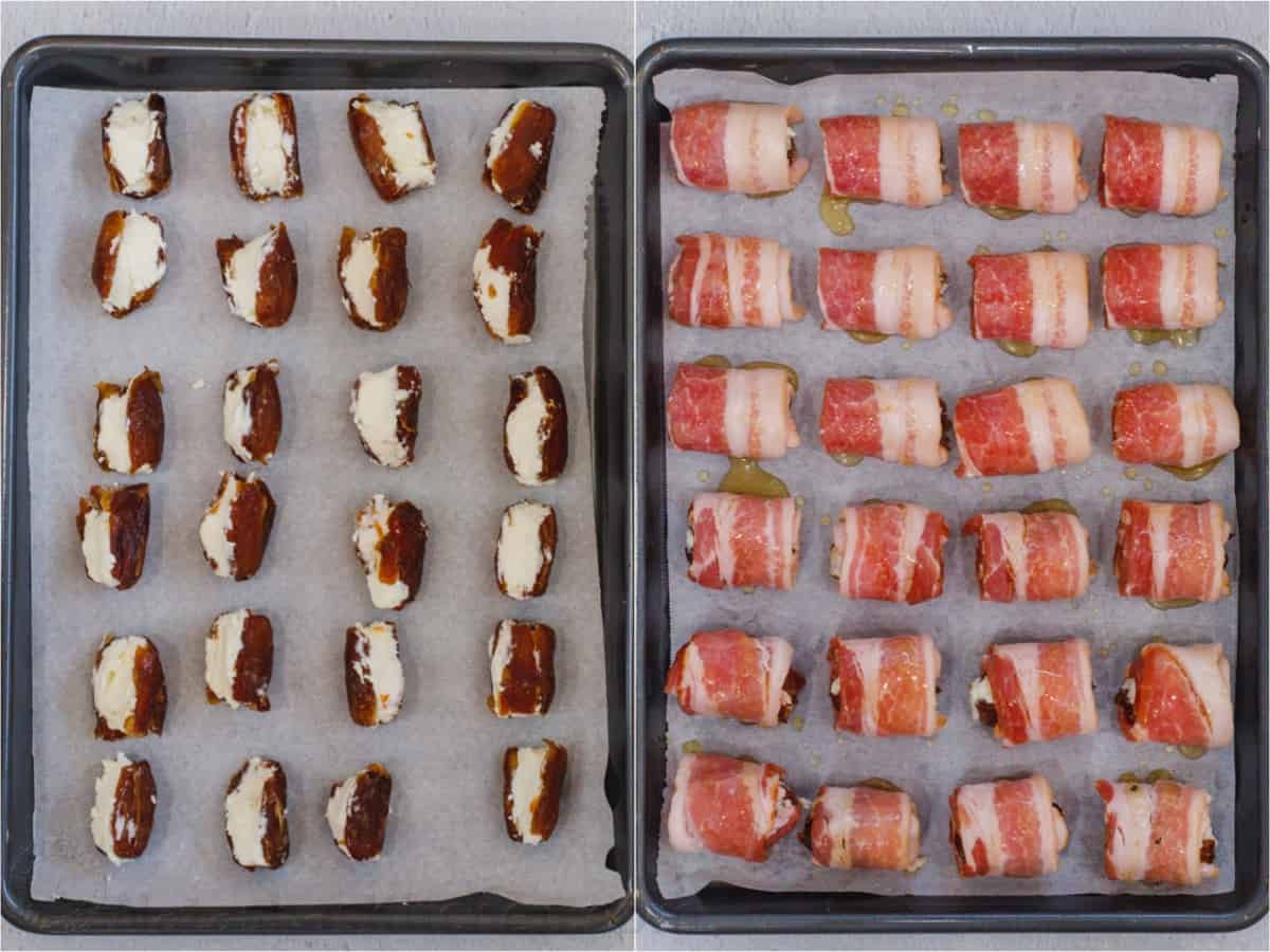 The BEST recipe for homemade dates stuffed with goat cheese wrapped in bacon and cooked until crispy. Collage of how to make dates stuffed with goast cheese wrapped in bacon.