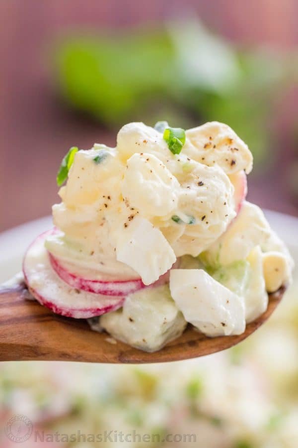 Potato Salad recipe on a spoon 