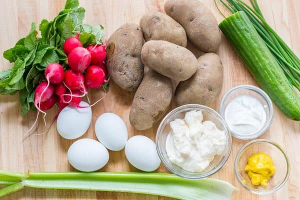 Ingredients for potato salad with potatoes, radish, egg, cucumber, celery and potato salad dressing