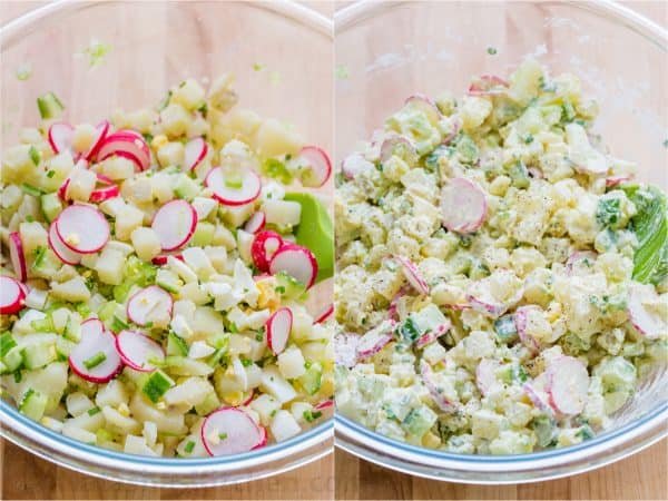 mixing potato salad with potato salad dressing