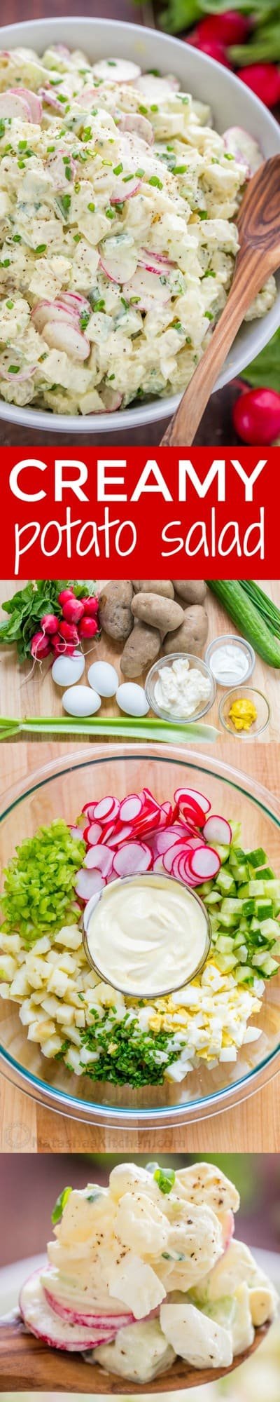 The most flavorful creamy potato salad recipe! This potato salad is loaded with fresh cucumber and radish - lighter and satisfying! Excellent Spring salad! | natashaskitchen.com