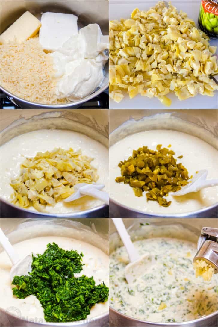 Spinach Artichoke Dip is irresistibly creamy and loaded with spinach and artichokes. This is our go to dip for parties. It's an easy, excellent appetizer! #spinachartichokedip #spinachandartichokedip #spinachdip #artichokedip #dip #appetizer #natashaskitchen Step by step instructions how to make spinach artichoke dip on stovetop
