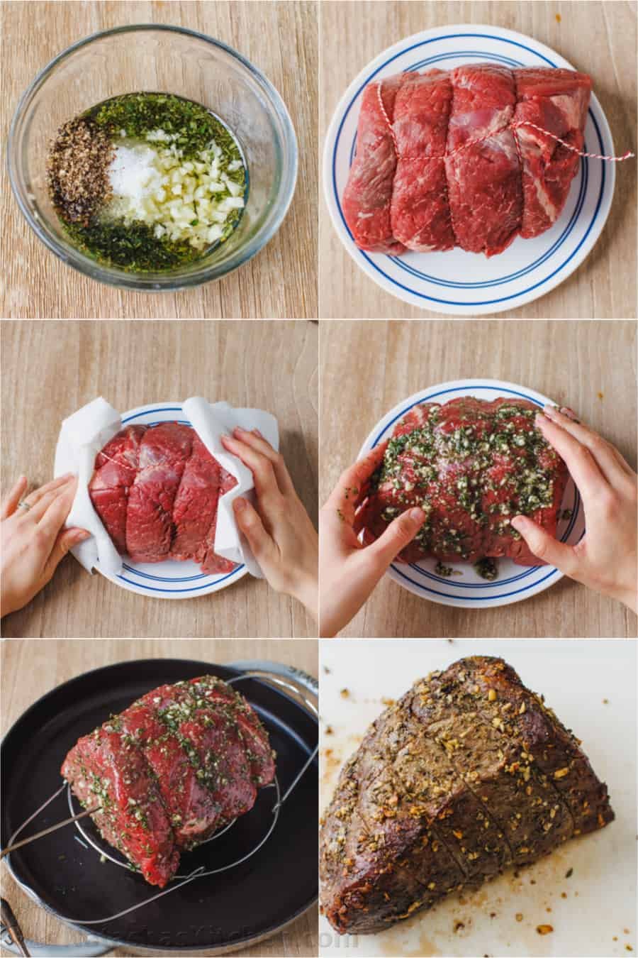 This simple, juicy Roast Beef with savory homemade pan gravy is just as impressive as any holiday roast. Every bite melts in your mouth. Photo collage showing the process for preparing beef for roasting.