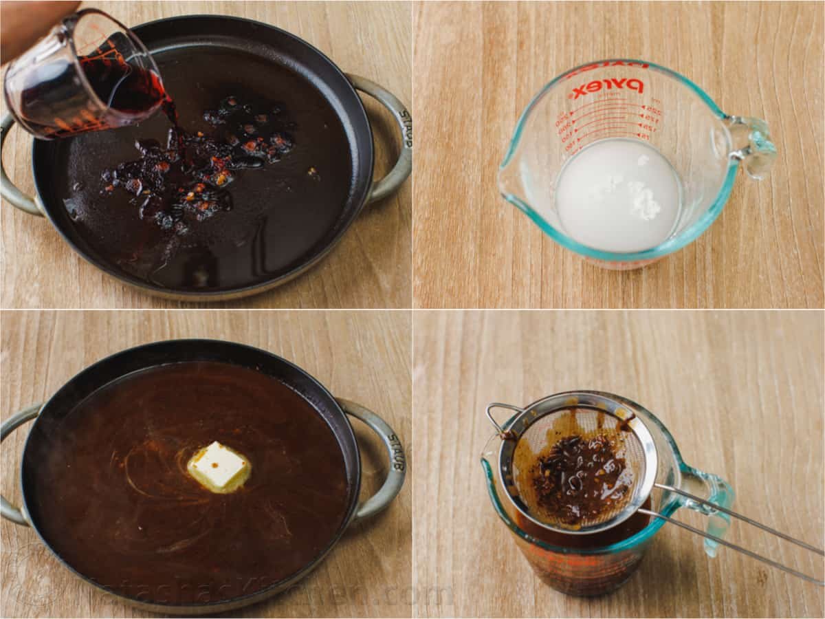 This simple, juicy Roast Beef with savory homemade pan gravy is just as impressive as any holiday roast. Every bite melts in your mouth. Photo collage showing the process for making gravy from pan drippings.