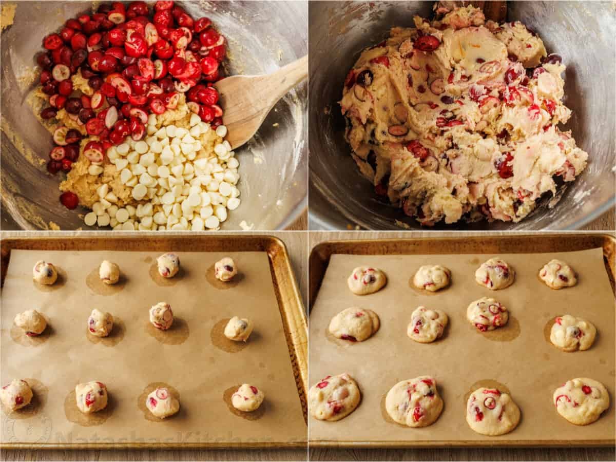 How to bake White Chocolate Cranberry Cookies Folding cranberries and white chocolate morsels into the cookie dough. Photos of dough balls on a tray baked into perfect cookies