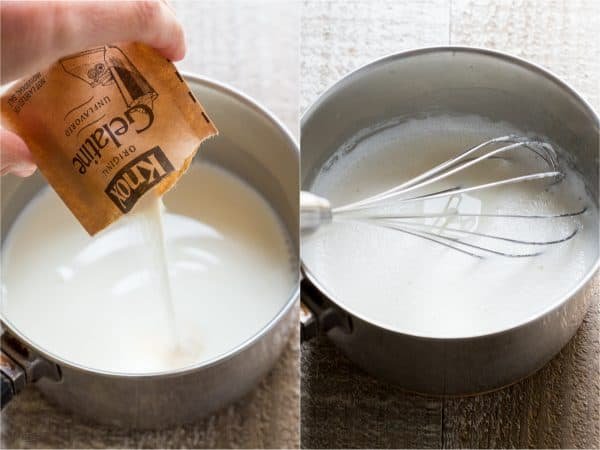 Two photos of bowls with a mixture inside one has a whisk and one has gelatin being poured in 