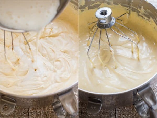 Two photos of pumpkin mousse being mixed in a mixing bowl 
